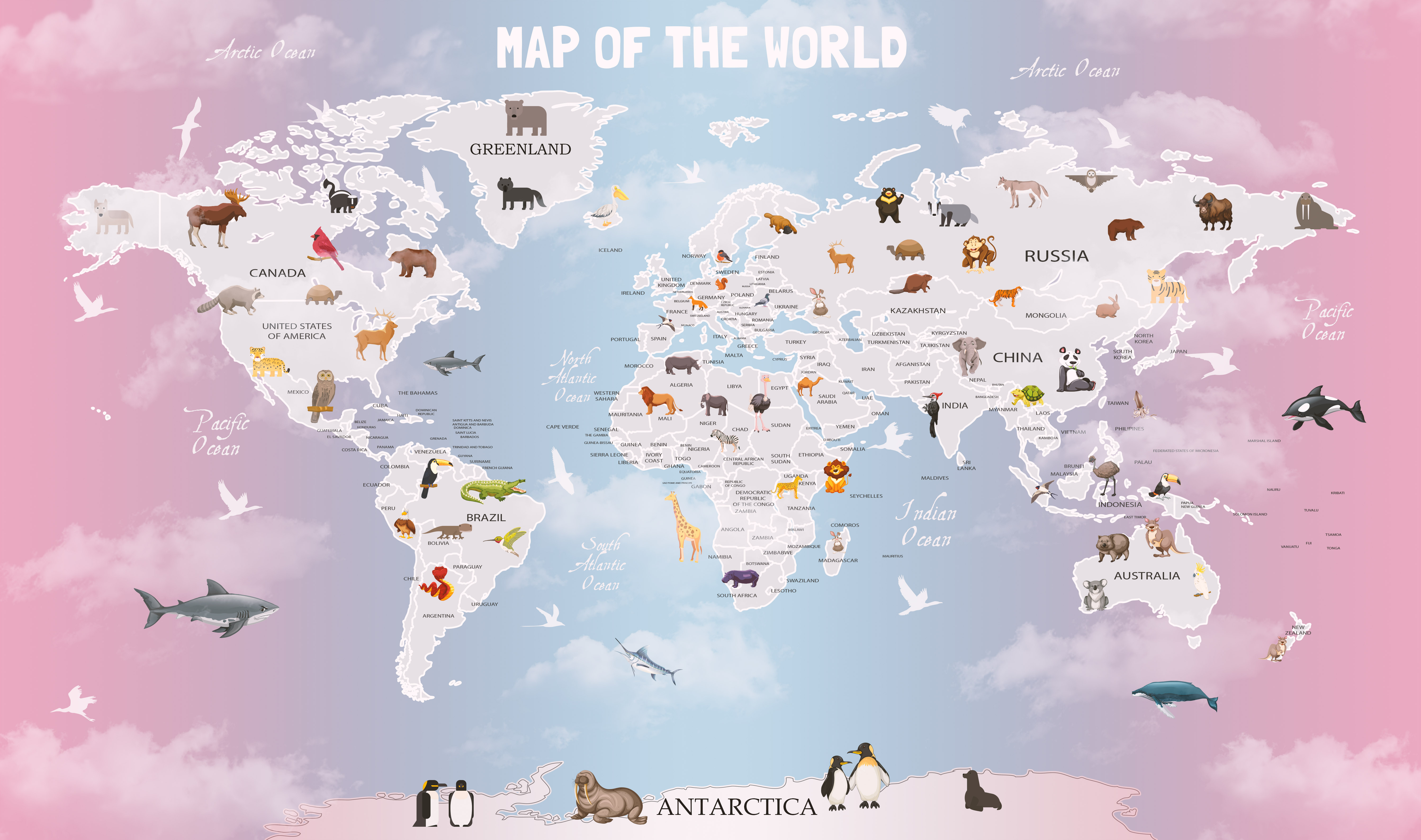 Lyst verdenskart med dyr (Kopi), Fototapet, C-You Home
